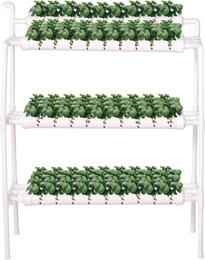 Hydroponics Growing System 90 Pods | 3 Layers 10 39 Long Food-Grade PVC-U Pipes | Outdoor Hydroponic System with Water Pump &amp Timer | Nest Basket and Sponge for Leafy Vegetables