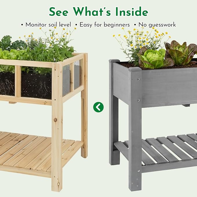 Raised Garden Bed with Transparent Acrylic Panels Elevated Wooden Raised Garden Bed Planter Fir Wood Outdoor Planter Box for Herbs Flowers &amp Patio Balcony Gardening (Natural)