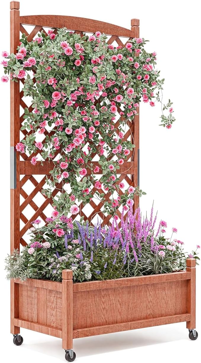 Acekool Wood Planter Box with Trellis &amp Wheels - Raised Vertical Garden Bed with Drainage - for Flowers Herbs &amp Vegetables - 1PCS