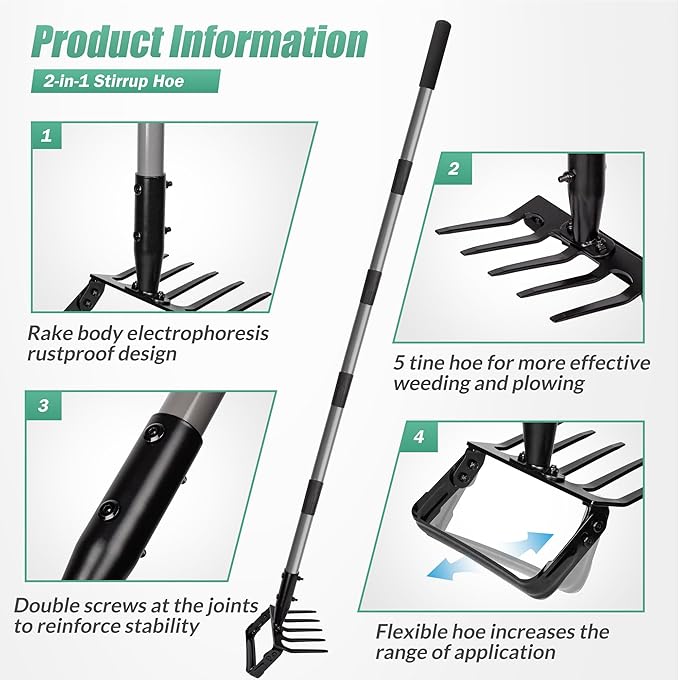 Suchtale 82 Inch Stirrup Hoe and 5-Tines Rake Action Hoe for Weeding 2 in 1 Scuffle Hoe with 37-82 Adjustable Handle Cultivator for Loosening Soil Loop Hoe for Garden Weeding and Planting
