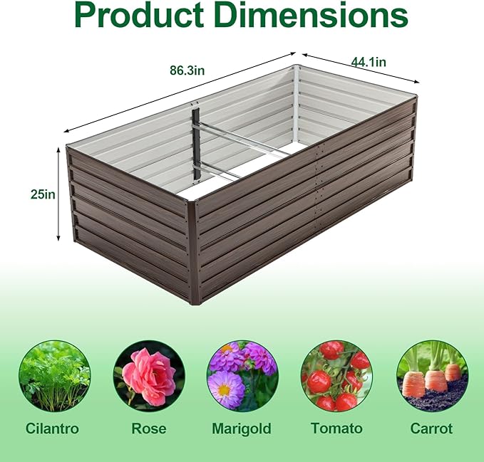 7.2x3.6x2 Ft Outdoor Raised Garden Bed Heavy Duty Galvanized Steel Planter Box with Woodgrain Finish Rectangular Garden Trough for Vegetables Herbs Fruits &amp Flowers Brown
