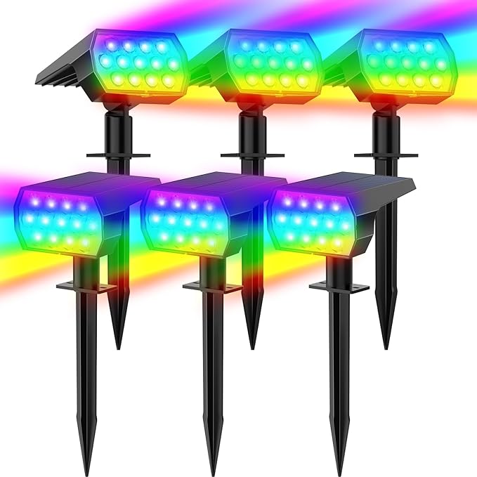 WELALO 6 Pack/7 Modes Solar Color Changing Spot Lights Outdoor 3 Modes/4 Pack/188 LED Solar Motion Sensor Lights Outdoor