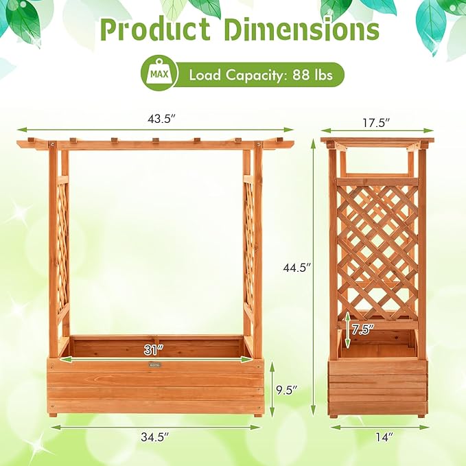 IRONMAX Raised Garden Bed with Trellis &amp Hanging Roof Fir Wood Planter Box for Vegetables Flower Climbing Plants Outdoor Garden Planter w/Drainage Holes for Backyard (1 43.5 x 17.5 x 44.5)