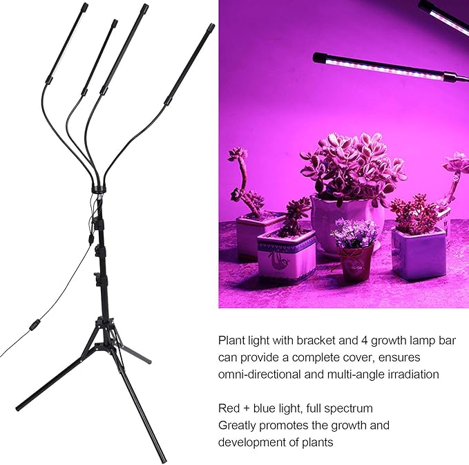 Plant Growth Lamp Metal Full Spectrum Flexible LED Grow Light for Seedlings Flowers(Four-Pipe Timing Switch)
