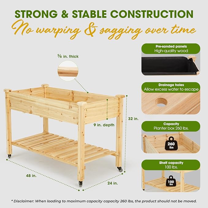 IDZO 48x24x32in Raised Garden Bed with Legs Durable Elevated Garden Box with Wax Oil Coated Wood Planter with Big Planter Box Load Up to 260 Pounds Ergonomic Height for Convenient Plants Care