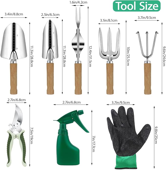 LeMotech Garden Tool Set10 Pieces Heavy Duty Gardenting Tool Kit Folding Stool with Detachable Tote Bag Thicker Stainless Steel Tools (Trans-PlanterTrowelWeeder etc.) for Women Men