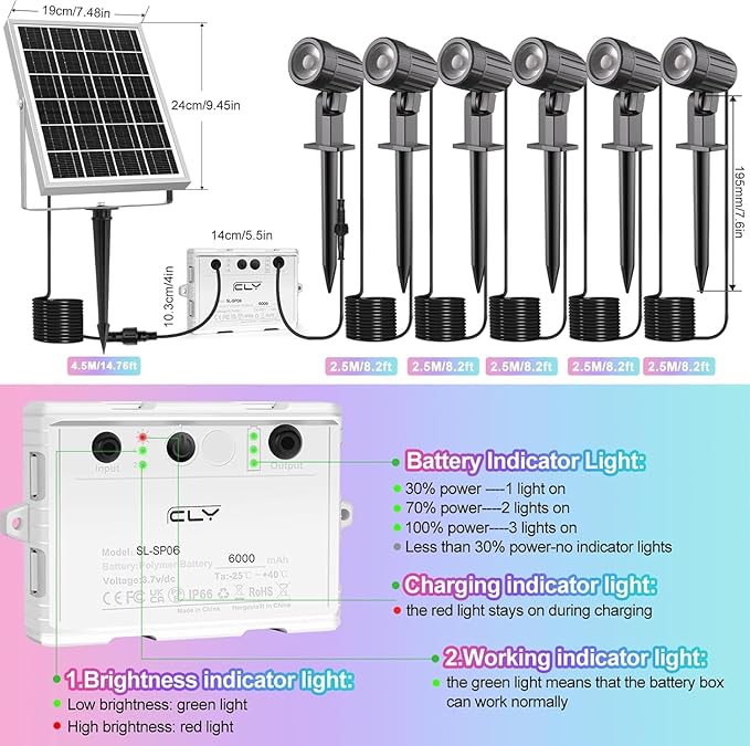 CLY Solar 6 in 1 RGB Spotlights Outdoor Garden 10 Colors 12 Modes Solar Garden Floodlight Landscape Spotlights IP66 Waterproof 59.06ft Cable Spike Light for Lawn Patio Balcony