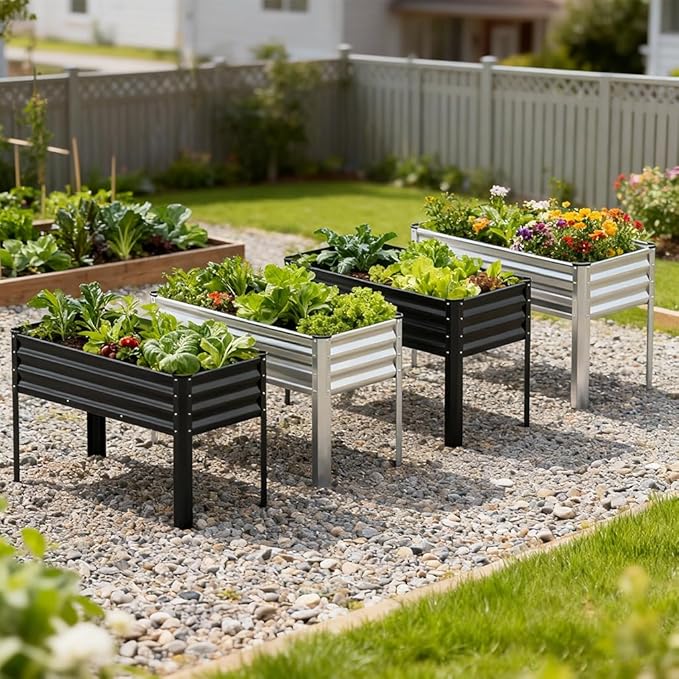 COMHOMA 2 Pack Raised Garden Bed with Legs 4x2x2.5ftLarge Elevated Galvanized Metal Planter Box with Drainage HolesOutdoor Growing Kit with Gloves Tools for Backyard Patio LawnSliver