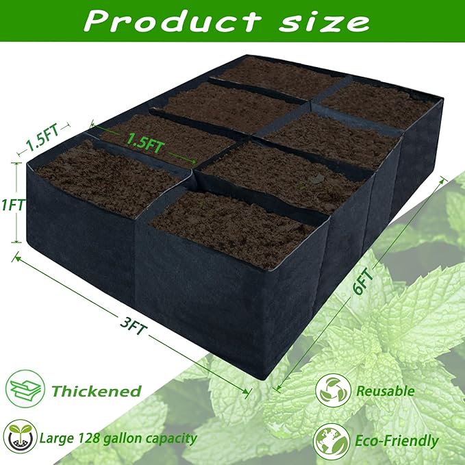 2 Pack Fabric Raised Garden Beds128 Gallon 8 Grids Thickened Rectangle Plant Grow BagsReusable Outdoor Gardening Planting Container Planter Pot for Growing Herbs Flower Gardening Vegetables Chillies