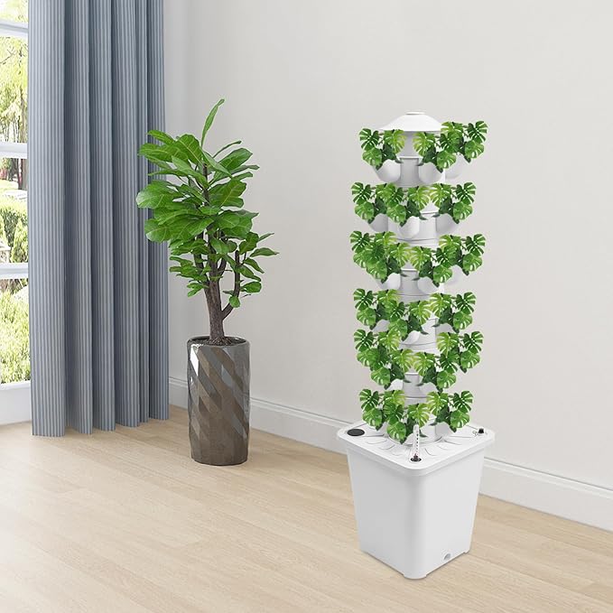 6-Tier Hydroponic Grow Tower Kit 30 Holes Planting Sites Indoor Garden System with Water Pump Self-Watering Vertical Gardening Kit for Lettuce Herbs Strawberries Vegetables Flowers White
