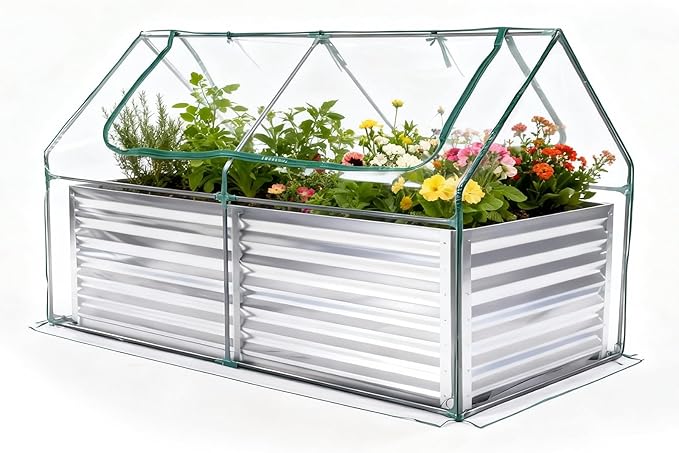 NEWBULIG 6x3x2ft Galvanized Raised Garden Bed with Greenhouse Cover Outdoor Metal Planters Box for Planting Vegetables Flowers &amp Herbs Easy Assembly Clear