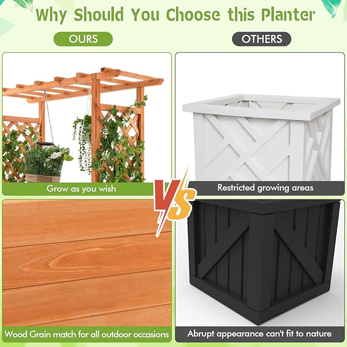 Giantex Raised Garden Bed with Trellis Wood Planter Box with Roof &amp Side Trellis Drain Holes Elevated Raised Bed with Trellis for Climbing Plant and Pot Hanging Indoor Outdoor Patio Balcony