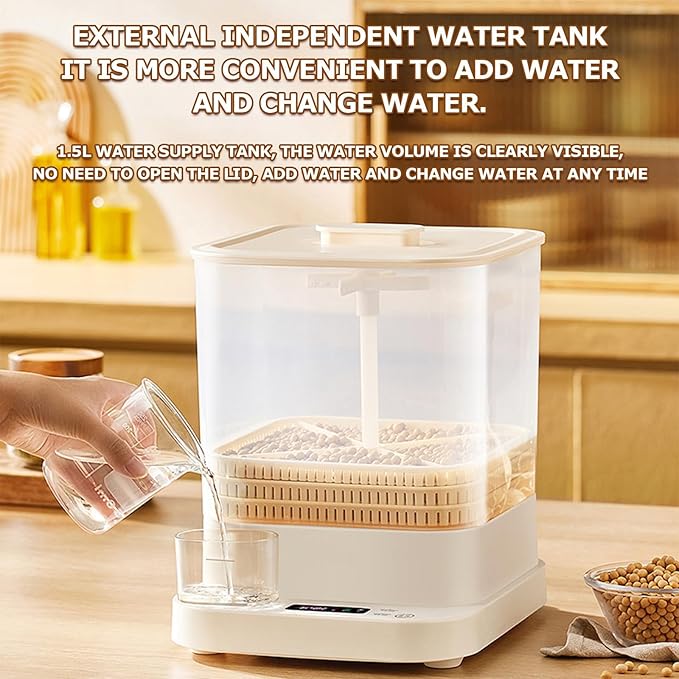 Bean Sprouts Machine 1.5L Automatic Smart Bean Cultivater 3 Layer Large Capacity Seed Sprouter Kits 360° Automatic Spray with Led Displa