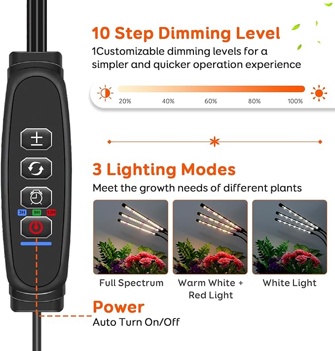 3 Heads Plant Lights for Indoor Growing 2 Pack Grow Lights for Seed Starting Full Spectrum Clip Grow Lamps with Auto ON &amp Off Timer 3/9/12H 3 Switch Modes 10 Dimming for Houseplants