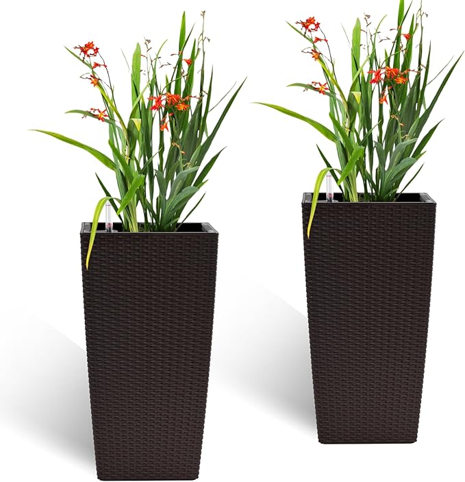 Square Planter for Indoor or Outdoor Use 22 Inch High Faux Rattan Flower Pot with Automatic Watering System for Porch Patio Backyard Makes Keeping Flowers Easier (Pack of 2 Brown)