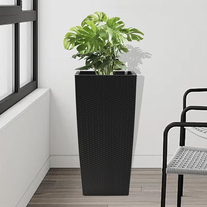 IndoorOutdoor Faux Rattan Square Planter 30 Inch Black Plastic Large Planter with Automatic Watering System for Home and G(Black 30 Inch 1)