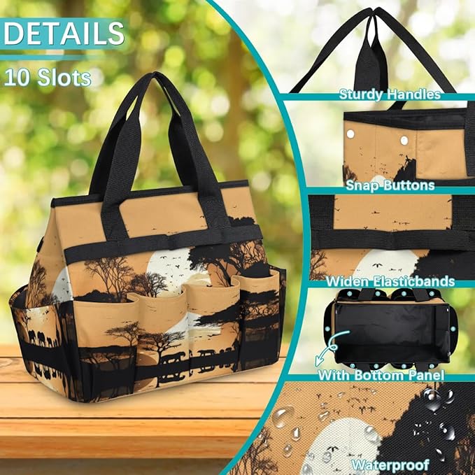 Sunset Elephants Tree Silhouette Garden Tool Bag Waterproof Garden Tool Storage Bag Heavy Duty Oxford Gardening Tool Bag with Handle &amp 10 Pockets for Men Women Outdoor Garden Lawn Yard