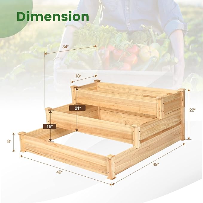 COSTWAY 3-Tier Raised Garden Bed Wooden Elevated Planter Box for Vegetables Flowers Herbs Fruits Outdoor Growing Planter Box Stand for Garden Backyard Patio Balcony
