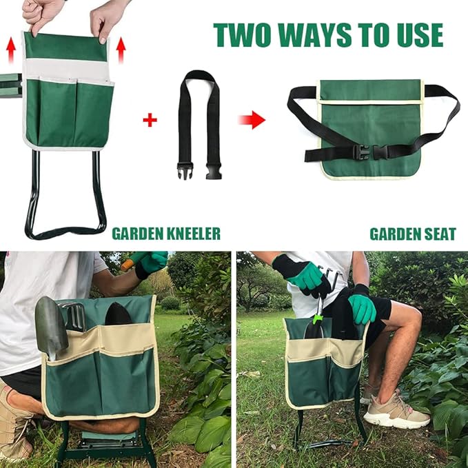 BDL Garden Kneeler and Seat Upgraded Folding Bench Stool Portable Kneeler Sturdy Gardening Tools with 2 Free Tool Pouch Detachable Belt A Pair of Garden Gloves EVA Kneeling Pad