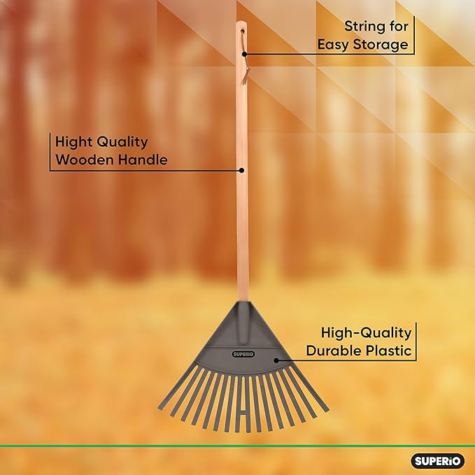 Superio Kids &amp Adult Set Rakes with Hardwood Handle Durable Plastic Head to Sweep Leaves in Lawn and Tidying Up The Garden Kids Size 34 Adult Size 61