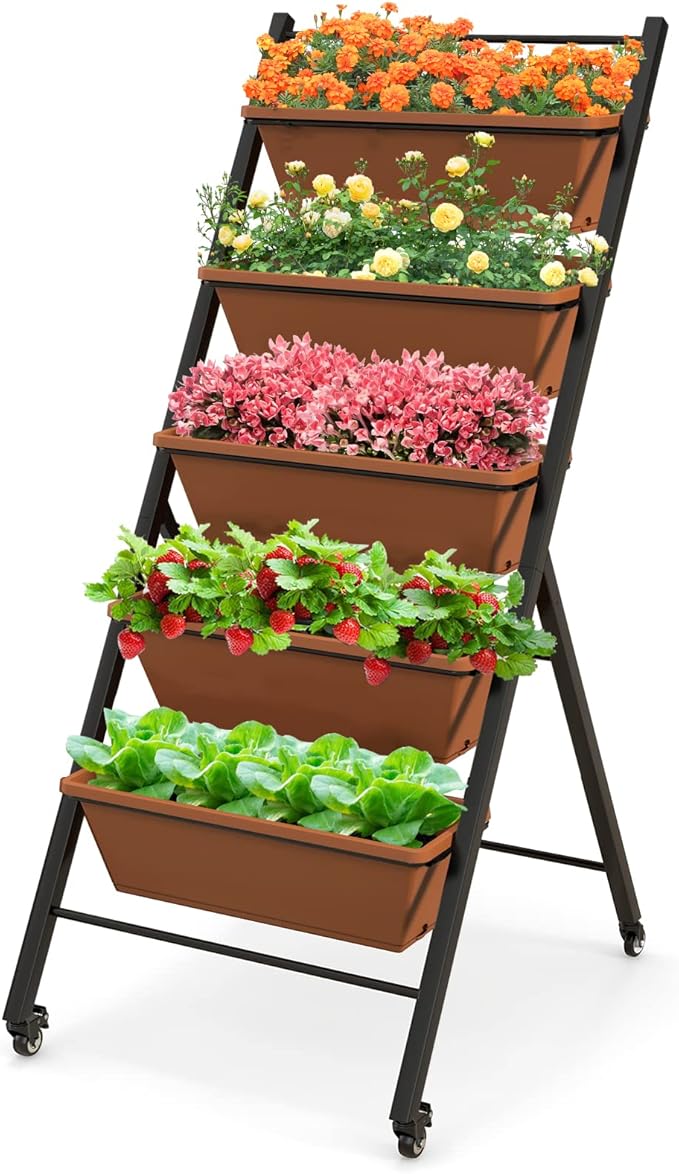 Raised Garden Bed on Wheels 5-Tier Elevated Planter Box with Removable Base Drainage Hole &amp Metal Frame Outdoor Garden Planter Container for Flower Vegetables (1 Brown)