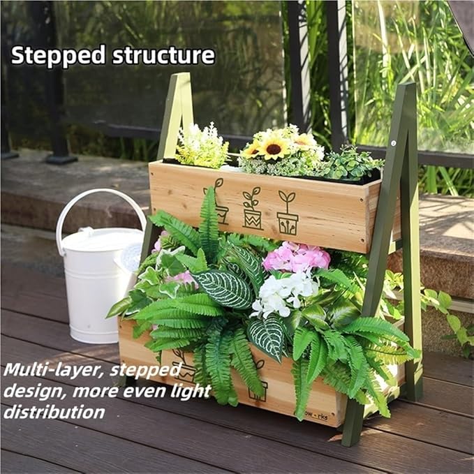 Solid Wood Raised Planter Box with Double Planter Floor-Standing Garden Bed for Outdoor Plants Modern Wooden Flower Rack for Balcony Courtyard Patio and Nursery Use(Green)
