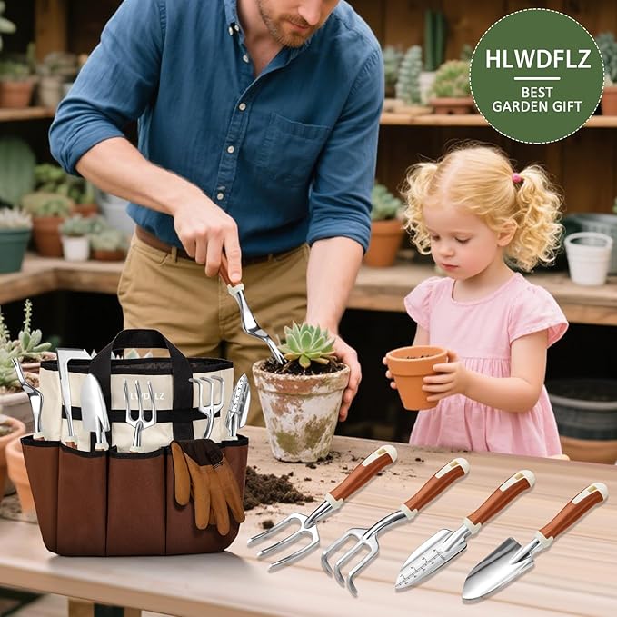 Garden Tool Set 12 Pcs Heavy Duty Floral Gardening Tools Kit with Gardening Hand Weeder Tools Durable Storage Bag and Gloves Gifts for Women and Men Brown