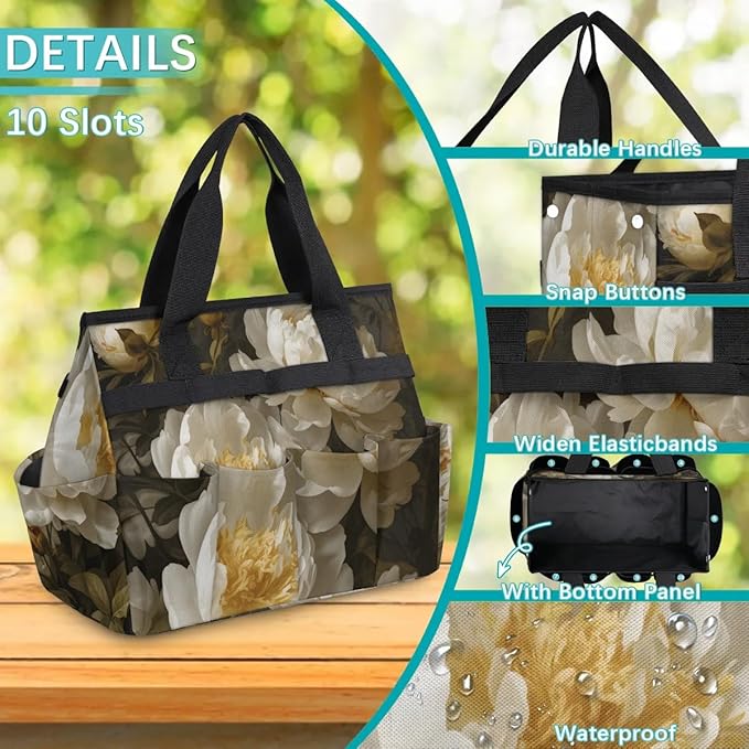 Garden Tool BagFloral Peony Flower Gardening Organizer Bag With Pockets Garden Tool Kit Storage Tote for Women Men Garden Tool Set Holder