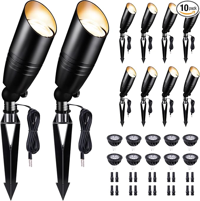 Black LED Outdoor Spotlights Durable Low Voltage Landscape Lighting Aluminum Waterproof Uplights for House Garden Lawn with 5W MR16 Bulb 4000K 10 Pack