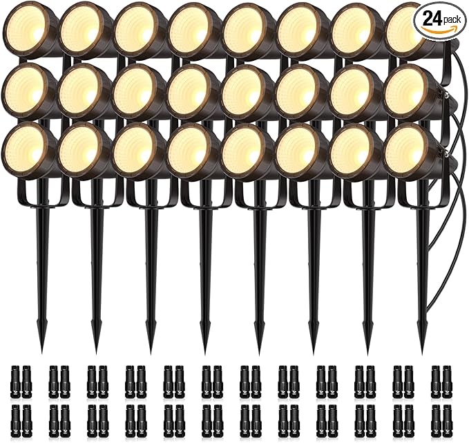 Outdoor Landscape Lighting - 24Pack Outdoor Spot Lights with Connectors &amp Transformer for Yard Plant Lawn Tree Flags House Garden Fence - 7W Warm Yellow 3000K Spotlights with IP65 Waterproof