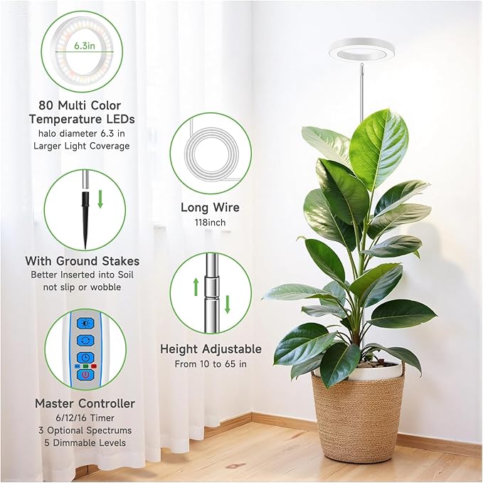 Grow Lights for Indoor Plants 6000K Full Spectrum Plant Grow Lights Height Adjustable 10-65 Growing Lamp Automatic Timer 6/12/16Hrs 5-Level Dimmable Idea for Large Plant 2 Pack