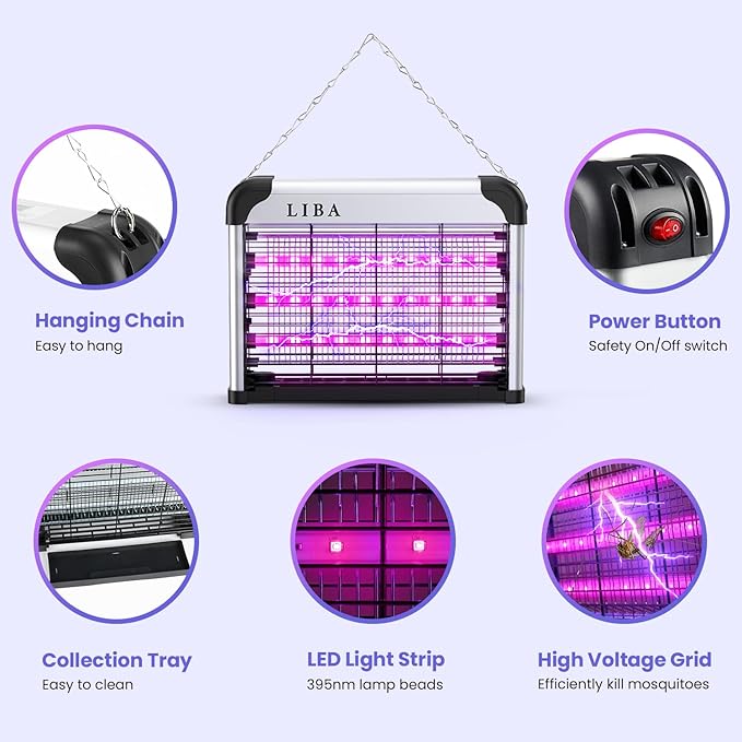 LiBa LED Indoor Bug Zapper Electric Mosquito Killer Fly Zapper with Dual UV Wavelength Attraction High Voltage Fly Trap Mosquito Trap Over 10-Year Lifespan LED Bulbs Light Safe for Kids/Pets