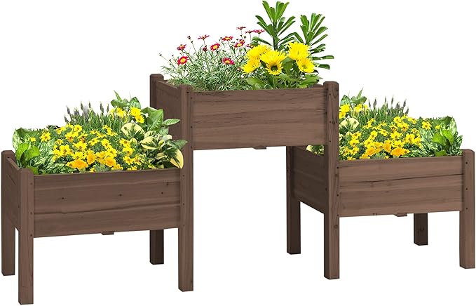 Raised Garden Bed with 3 Planter Box Elevated Wooden Plant Stand with Drainage Holes for Vegetables Herb and Flowers Coffee
