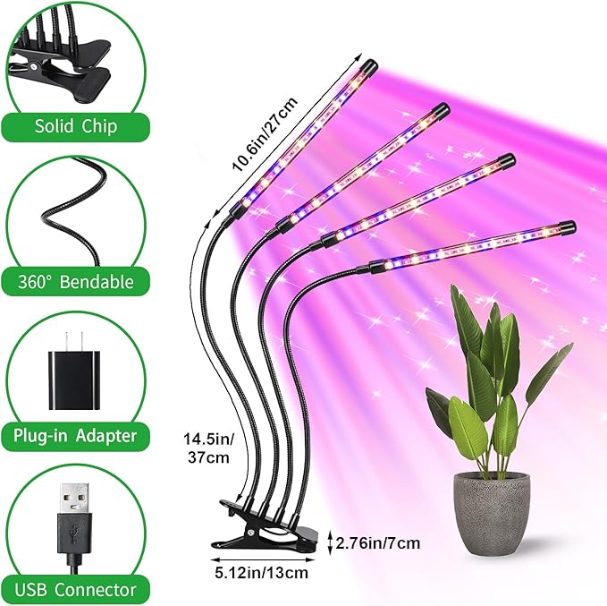 4 Head LED Plant Grow Light Full Spectrum Clip on Plant Growing Light with Red Blue Yellow Beads 10 Brightness Levels 3 Light Modes 3/9/12H Auto TimerSuitable for Indoor Plants