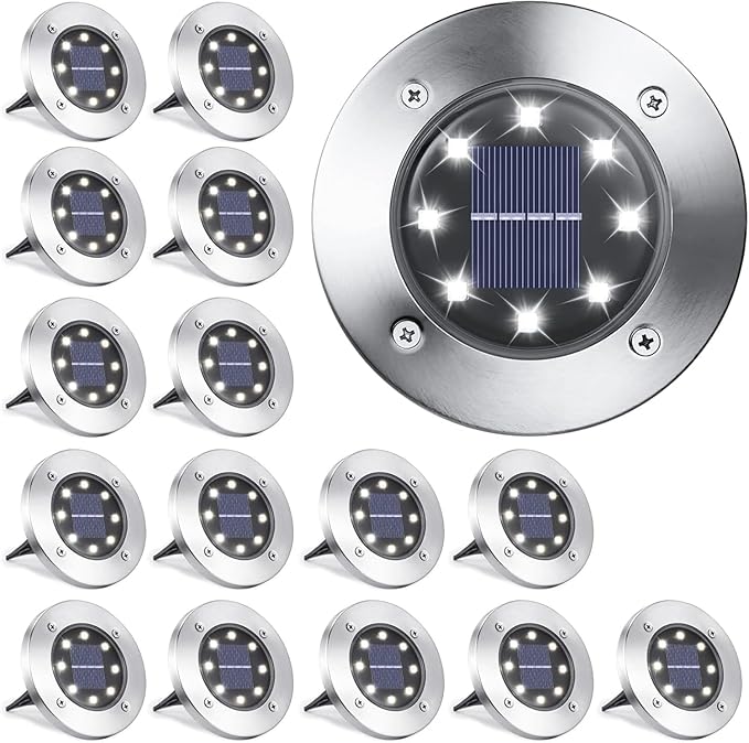 Solar Ground Lights Outdoor In-ground Pathway Light 8/16 PCS LED Solar Disk LampWaterproof Garden Landscape Lighting for LawnYardDeckPatioWalkway(White16PCS)