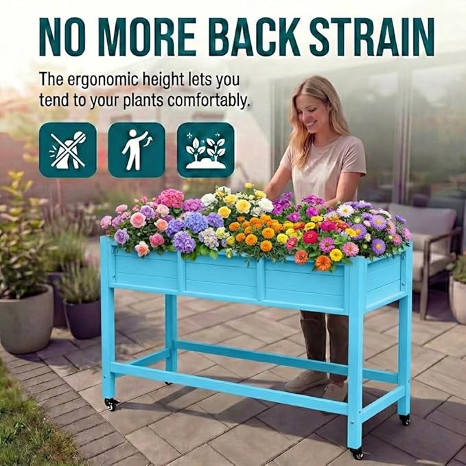 YITAHOME Raised Garden Bed HDPE 47x18x31In Raised Flower Bed Poly-Wood Weather-Resistant Elevated Planter Box with Lockable Wheels for Vegetables Aruba Blue