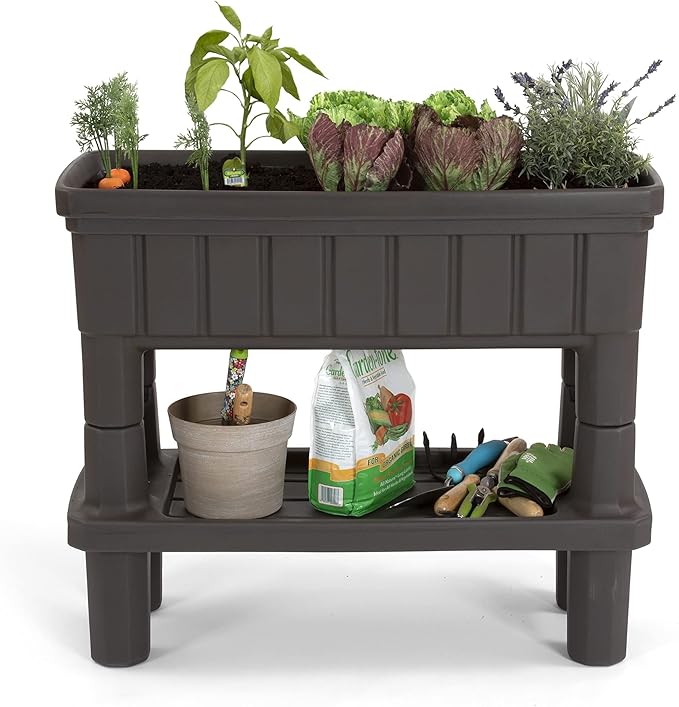 Simplay3 American Home Raised Garden Bed Outdoor Planter with Garden Tools Storage Shelf 36 L x 30 H Garden Bed Dark Brown