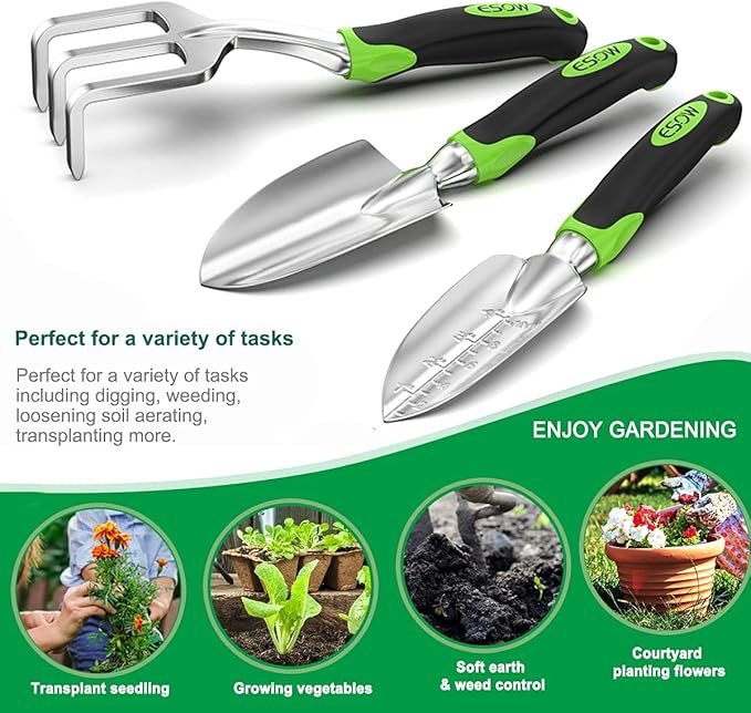 ESOW Garden Tool Set 3 Piece Cast-Aluminum Heavy Duty Gardening Kit Includes Hand Trowel Transplant Trowel and Cultivator Hand Rake with Soft Rubberized Non-Slip Ergonomic Handle Garden Gifts