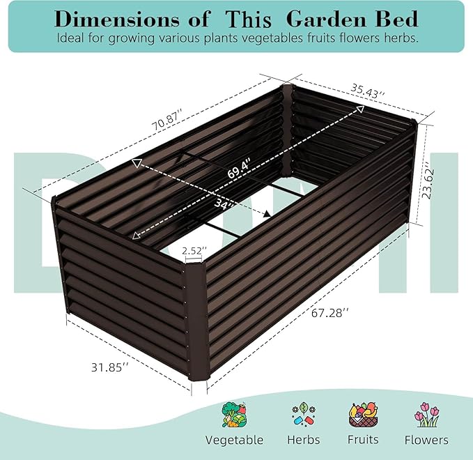 Large Galvanized Raised Garden Bed 6x3x2ft Outdoor Metal Planter Box for Gardening Vegetables Fruits Flowers