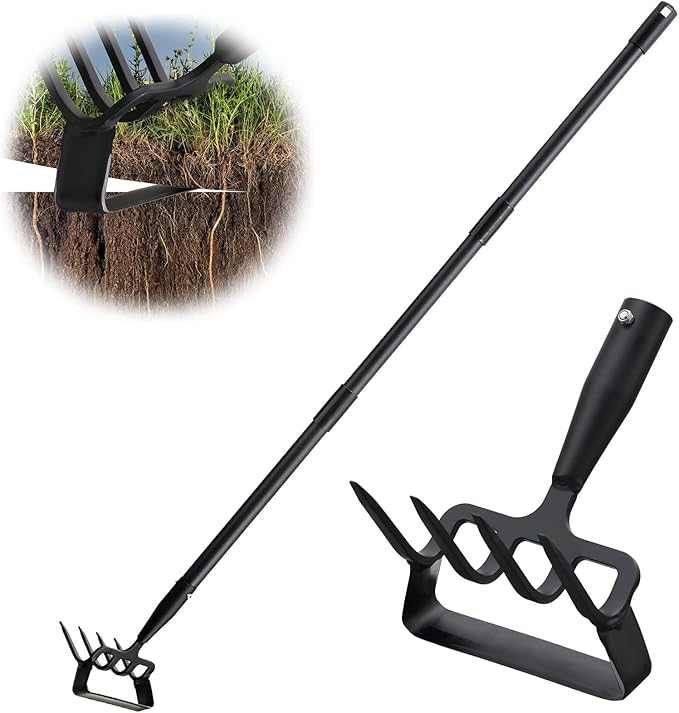 Garden Hoe Heavy Duty Hula Hoe Garden Tool for Weeding 62 Inch Cultivator Stirrup Hoe with Adjustable Long Handle Action Scuffle Loop Hoe with Rake 2-in-1 Gardening Tool for Loosening Pulling Weed