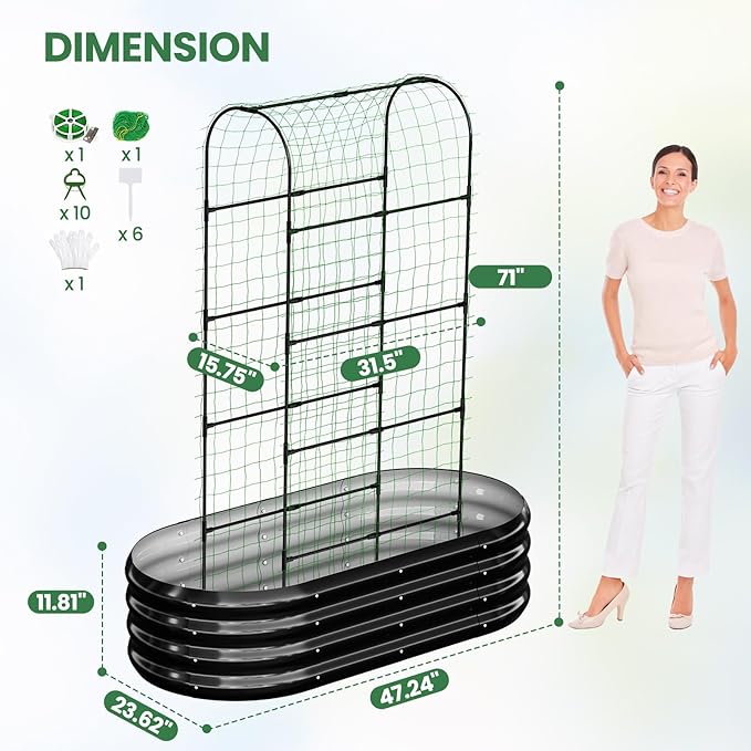 2 in 1 Galvanized Raised Garden Bed with 71 H Arch Trellis for Climbing Plants Outdoor Gardening Planter Box with Climbing Net for Flowers Vegetables Fruits Herbs Black