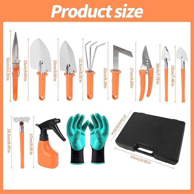 Gardening Tool Set 11 Pieces Gardening Tools with Carrying Case Garden Tool Kit for Digging Planting Pruning Unique Gardening Set with Gloves for Women and Men (Orange)