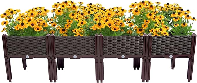 4pcs Raised Garden Beds with Legs 61x15x15in Brown Large Plants Elevated Garden Boxes with Drainage Holes Planter Boxes Outdoor for Vegetables Flowers Herbs