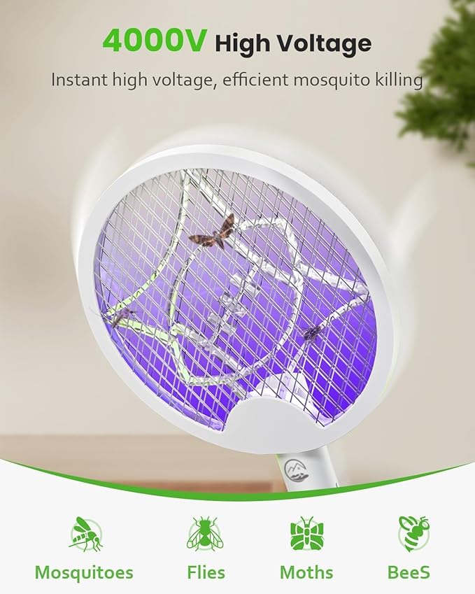 Electric Fly Swatter Racket Foldable 2 in 1 Bug Zapper with Purple Trap Lamp 4000V &amp 1500mAh Powerful Mosquito Trap Killer with Type-C Rechargeable for Indoor Home Patio Camp(White 2 Pack)