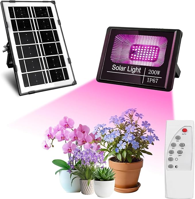 200W Solar Grow Lights Rechargeable Grow Light Full Spectrum Plant Light for Indoor Outdoor Plants with Timer Solar Plant Lights with Remote Control and USB ChargingBlack