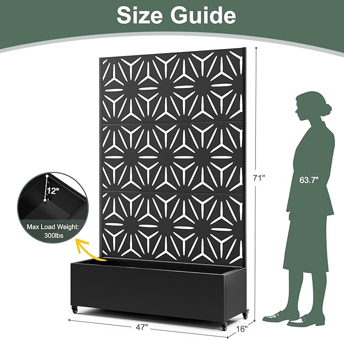 Metal Planter Box with Trellis &amp Privacy Screen for Patio Large Raised Garden Beds with Drainage Holes &amp Wheels 47 L×16 W×71 H Standing Flower Beds with Trellis (Black Star)