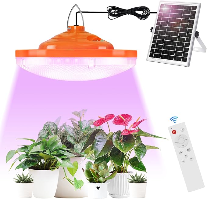 96 LED Solar Grow Lights Battery Powered Full Spectrum Hanging Grow Light for Indoor Outdoor Plants with Timer Solar Plant Lamp for Greenhouse with Remote Control 2 Charging Way 16.6FT Cord