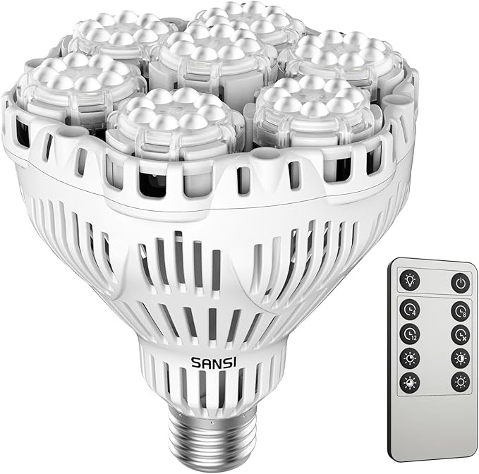 SANSI Dimmable Grow Light Bulb Full Spectrum High PPFD 40W (600 Watt Equiv) with Remote Auto On Off Timing 4 8 12 Hrs Energy Saving Plant Light Bulb with E26 Base for Indoor Plants