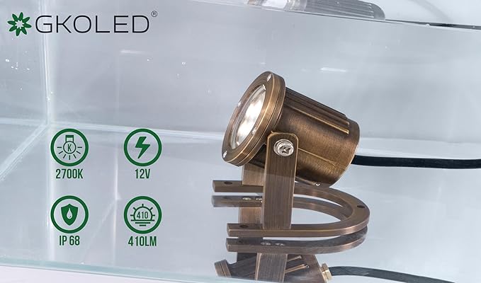 GKOLED Solid Brass Underwater Light Low Voltage LED Pond Lights Submersible Fountain Lighting with 5W 2700K 410LM MR16 Bulb 9-15V AC/DC Outdoor Landscape Light IP68 Rated Pool Spotlights 2 Pack