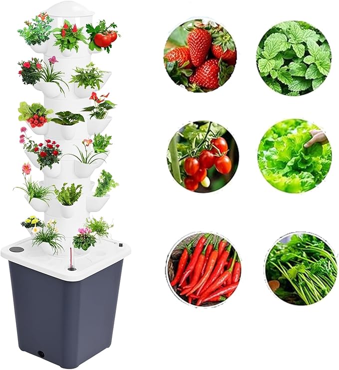 Indoor Hydroponic Growing System with Pump &amp Timer Aeroponic Tower Garden Kit for Herbs Fruits Vegetables Vertical Smart Planter with Net Pots &amp Adapter(Size:25holes)